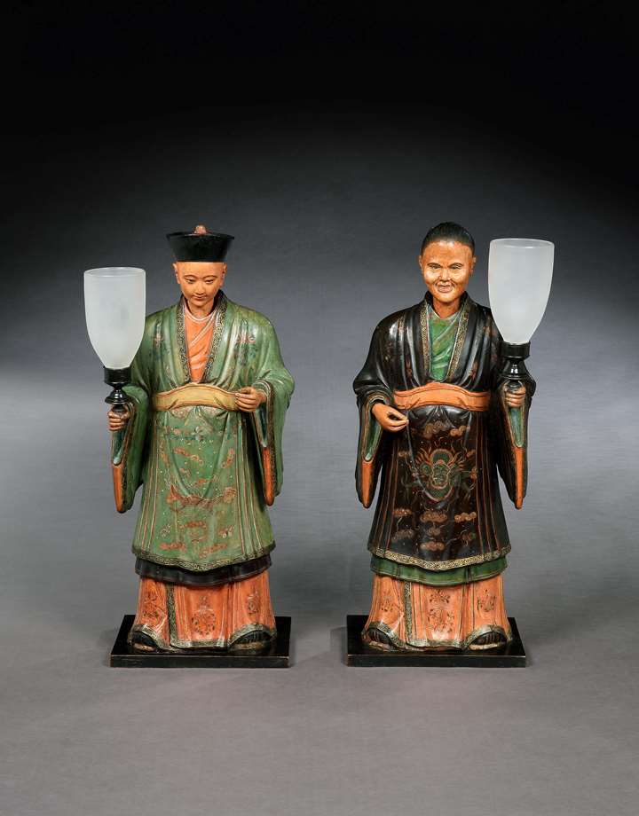 A PAIR OF REGENCY POLYCHROME DECORATED FIGURES OF A MANDARIN AND HIS CONSORT MOUNTED WITH LAMPS